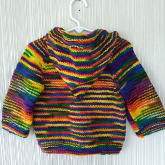Handmade Knitted Colorful Sweater Cardigan Hoodie Crayon Buttons Hooded 12" P2P - Picture 5 of 10